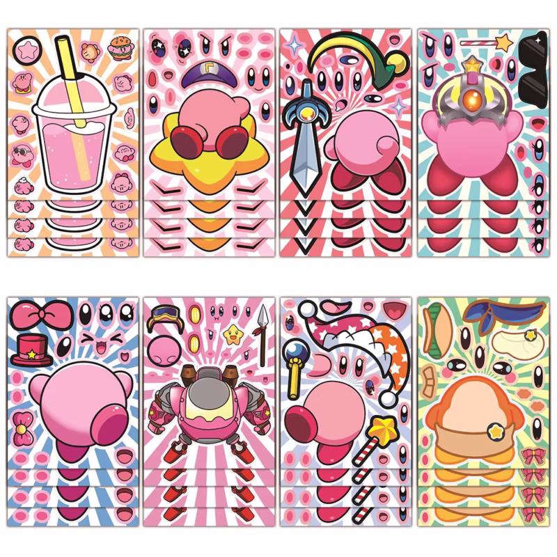8/16 sheets Kawaii Kirby Puzzle Stickers Kids DIY Funny Cartoon Face Decals Jigsaw Toy for Kids' Birthday Presents - Image 2