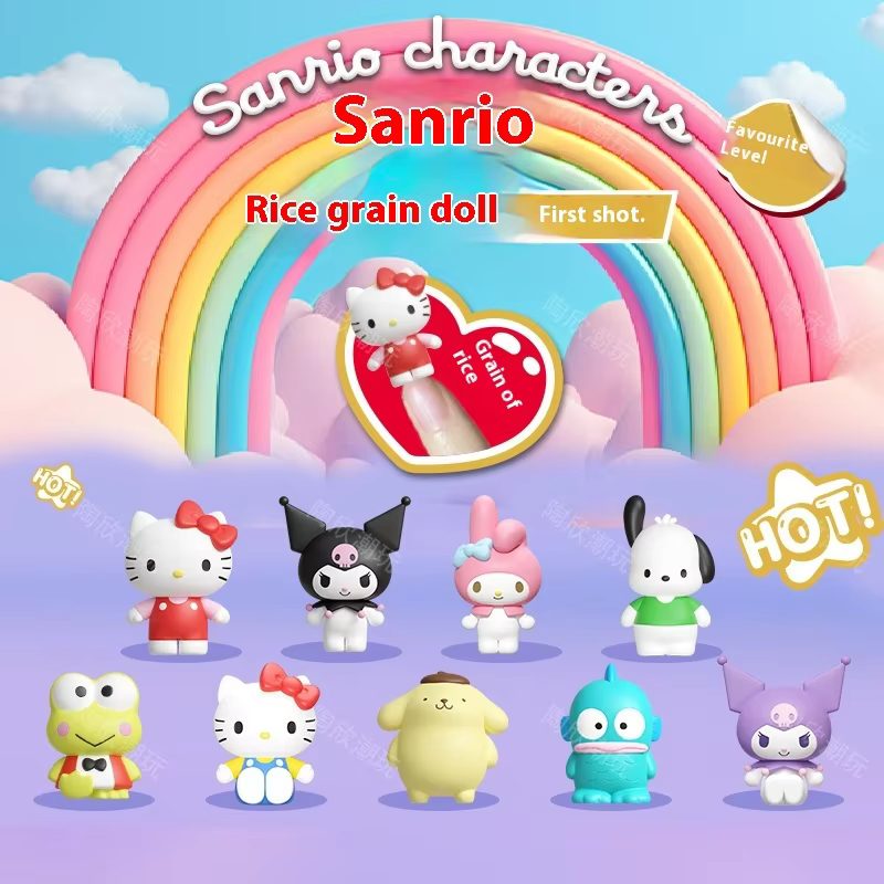 The First Blind Box of the New Sanrio Family Rice Grain Dolls Greetings, Kuromi Mini Handmade Action Figures of Kitty Models to Collect Gifts for Girls